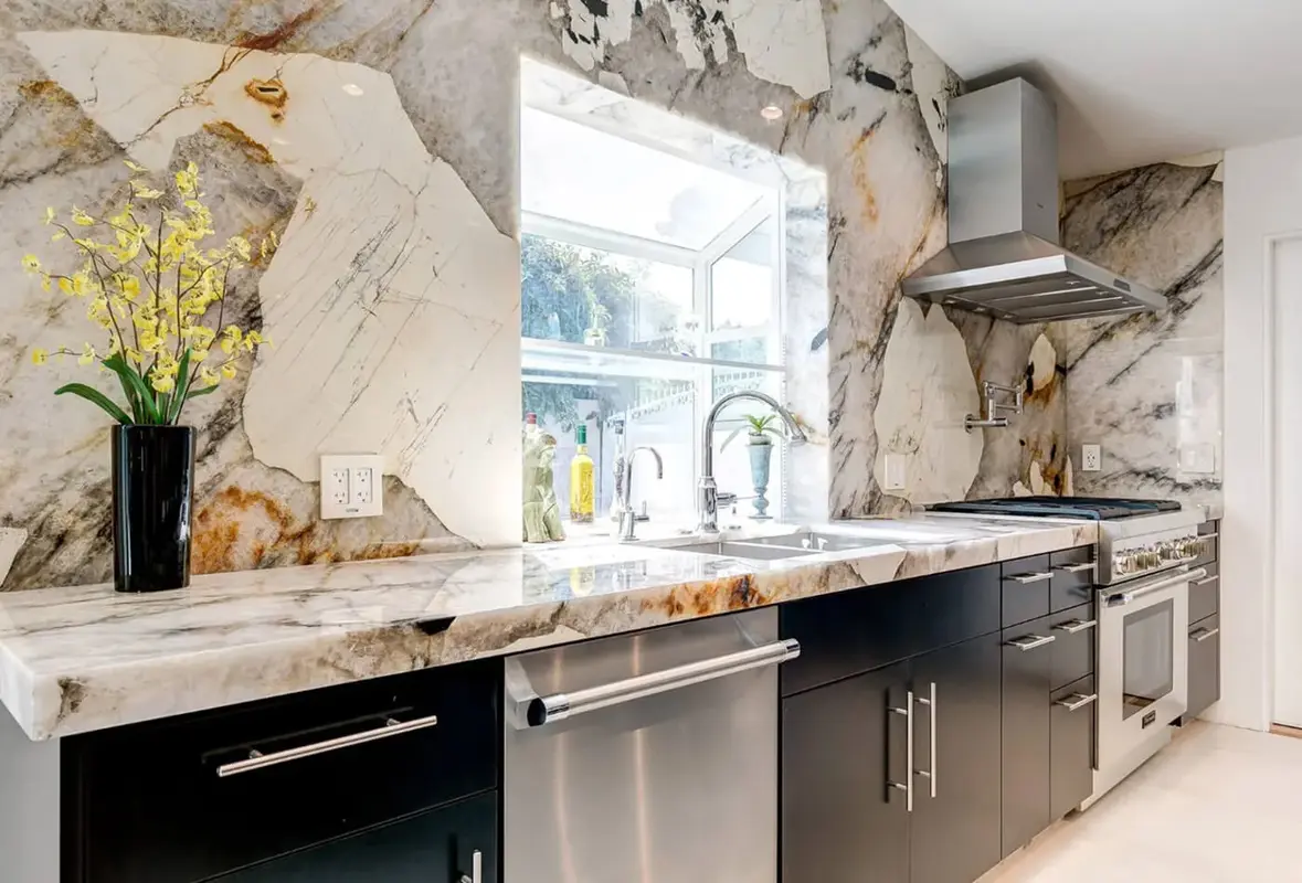 White Patagonia Quartzite kitchen Countertop and backsplash